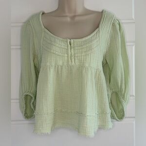 True Craft Mint Green Cotton Gauze Boho Peasant Blouse Puff Sleeves Sz L Raw Hem